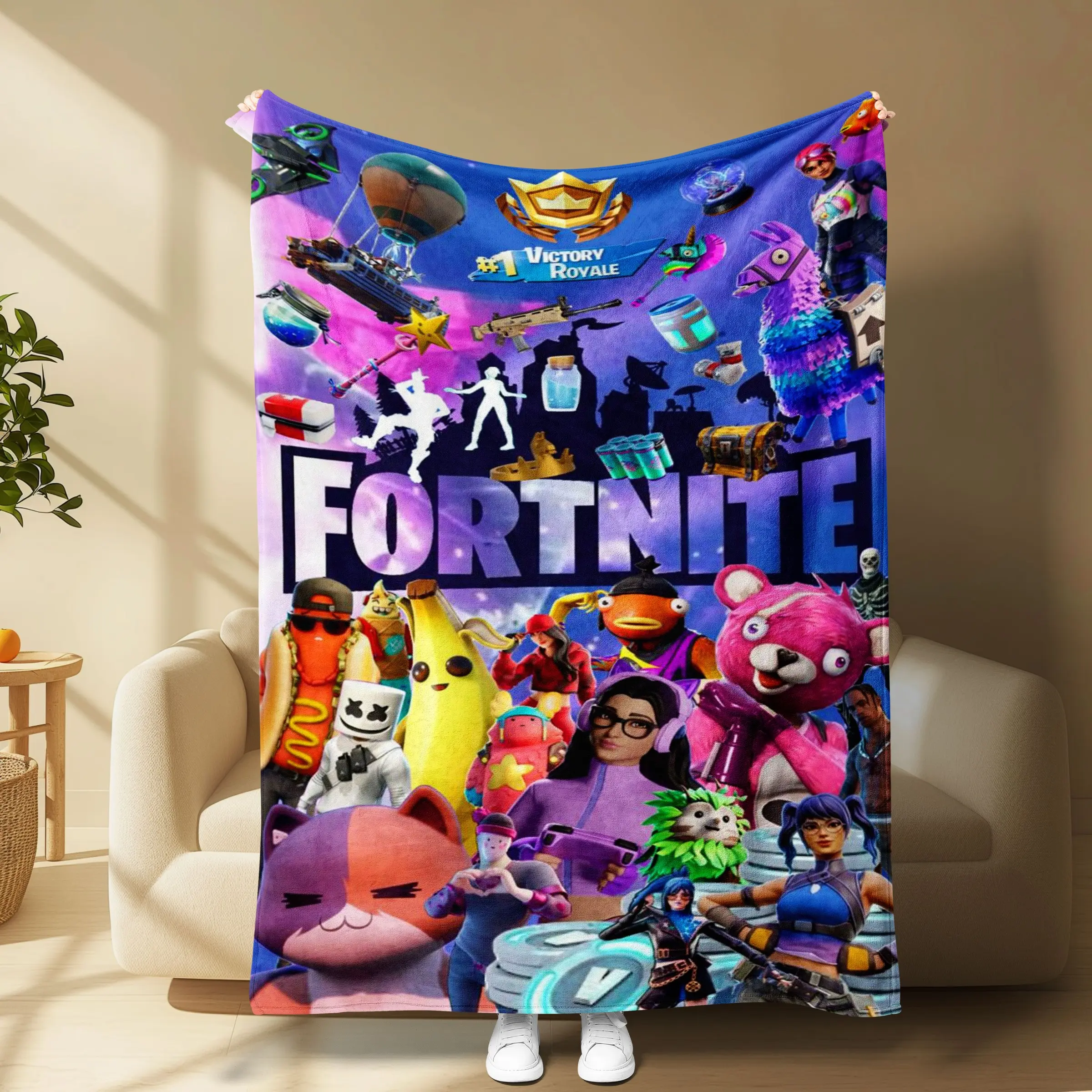 Fortnite Character Collage Flannel Blanket, Vibrant Game Skin Llama Victory Royale Weapon Item Print Throw Blanket, Gamer Kids Teens Bedroom Dorm Decor Soft Warm Cozy Blanket
