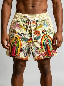 Chicano Style Religious Print Drawstring Shorts, Base with Guadalupe Virgin, Cross, Rose, Eagle, Loose Fit, Unisex Streetwear