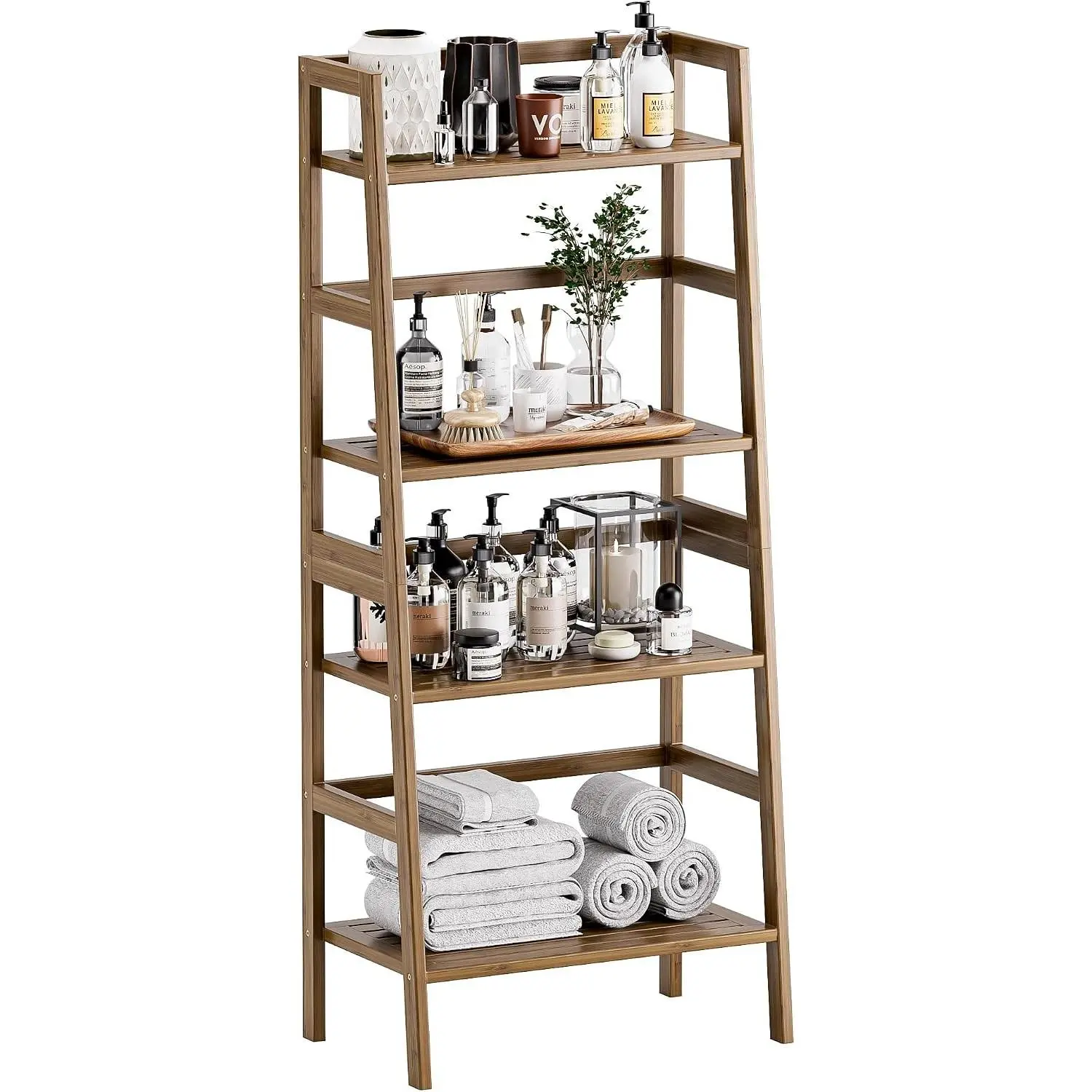 Ladder Shelf, 4-Tier Bamboo Bookshelf, Freestanding Open Display Storage Rack, Space Saving Flower Plant Display Stand for Bathroom Living Room, Walnut, Minimalist, Kitchen, Utensils