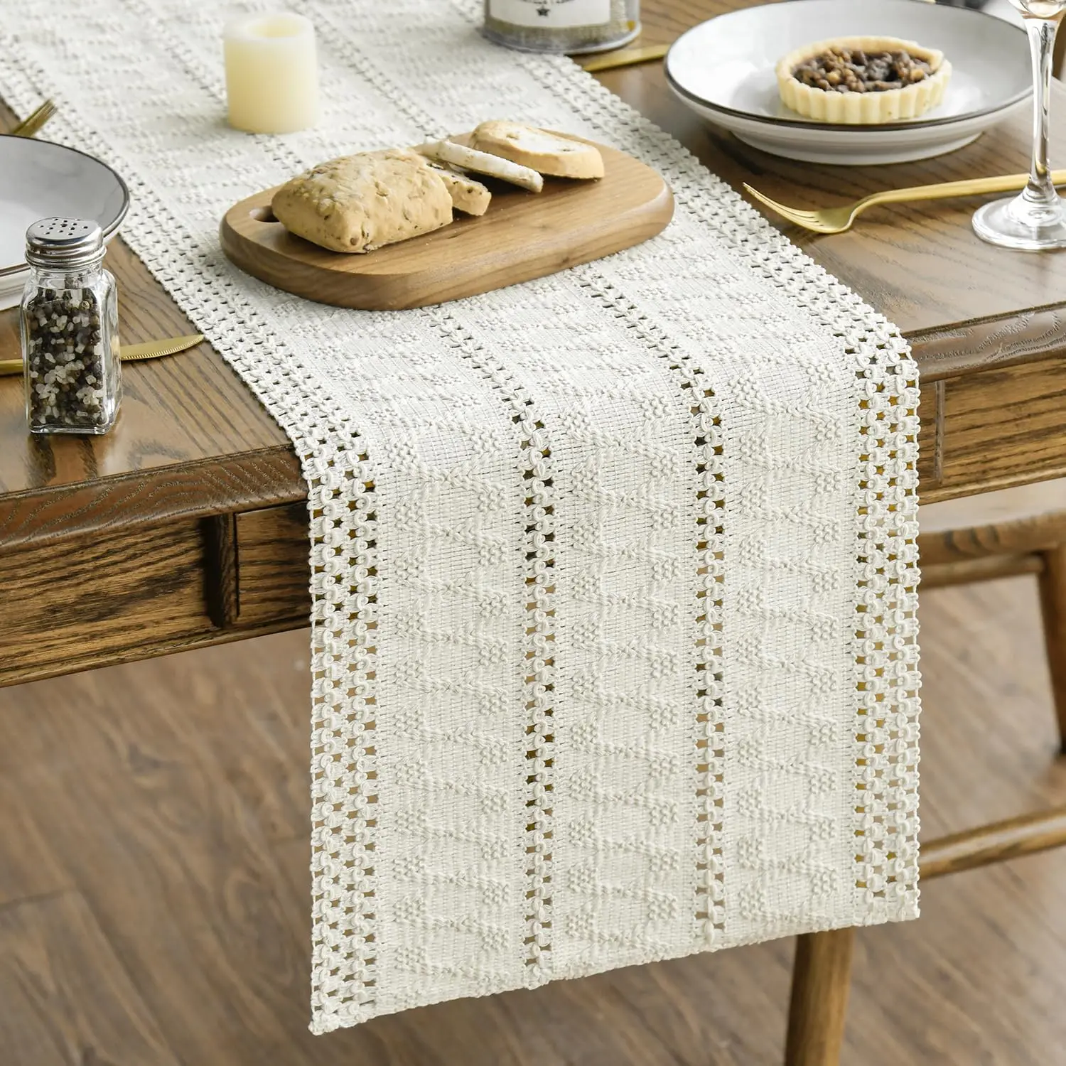 Beige Farmhouse Woven Rustic Hollow Polyester-Cotton Decorative Table Runner (12x72 in) - Dog & Cat Furniture Stairs & Ramps Companion, All Seasons, Anti-Shrink, Durable, Fade Resistant, Machine Wash, Kitchen Dining Decor