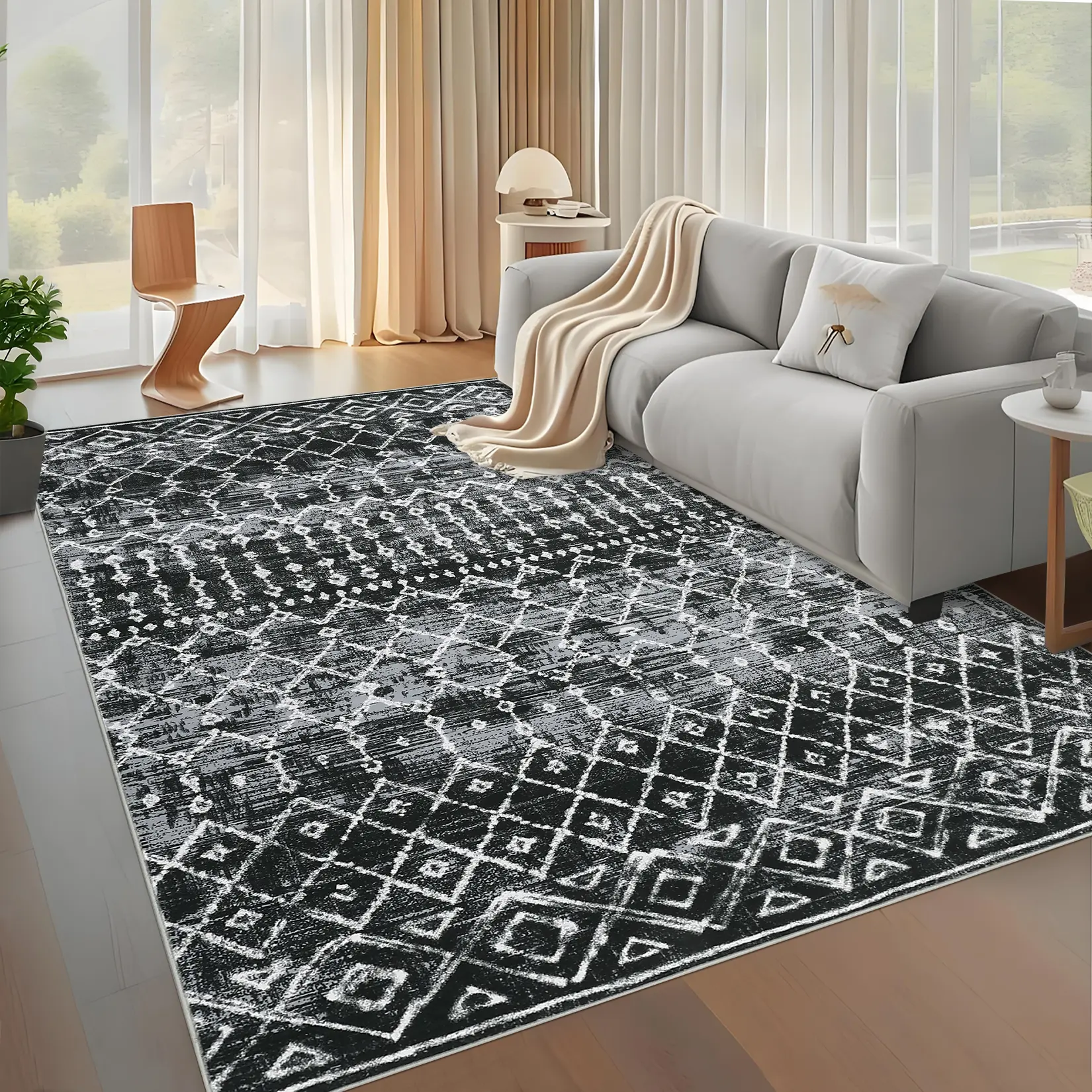 Washable Moroccan Trellis Geometric Area Rug, Non Slip Non Shed Indoor Floor Mat, Stain Resistant Floor Cover Easy Clean Boho Vintage Rug for Living Room Bedroom Farmhouse Decor