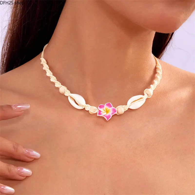 Hawaiian Shell Flower Necklace for Women, Adjustable Braided Choker with Clay Plumeria Charm and Cowrie Shells for Beach Vacation and Summer Wear