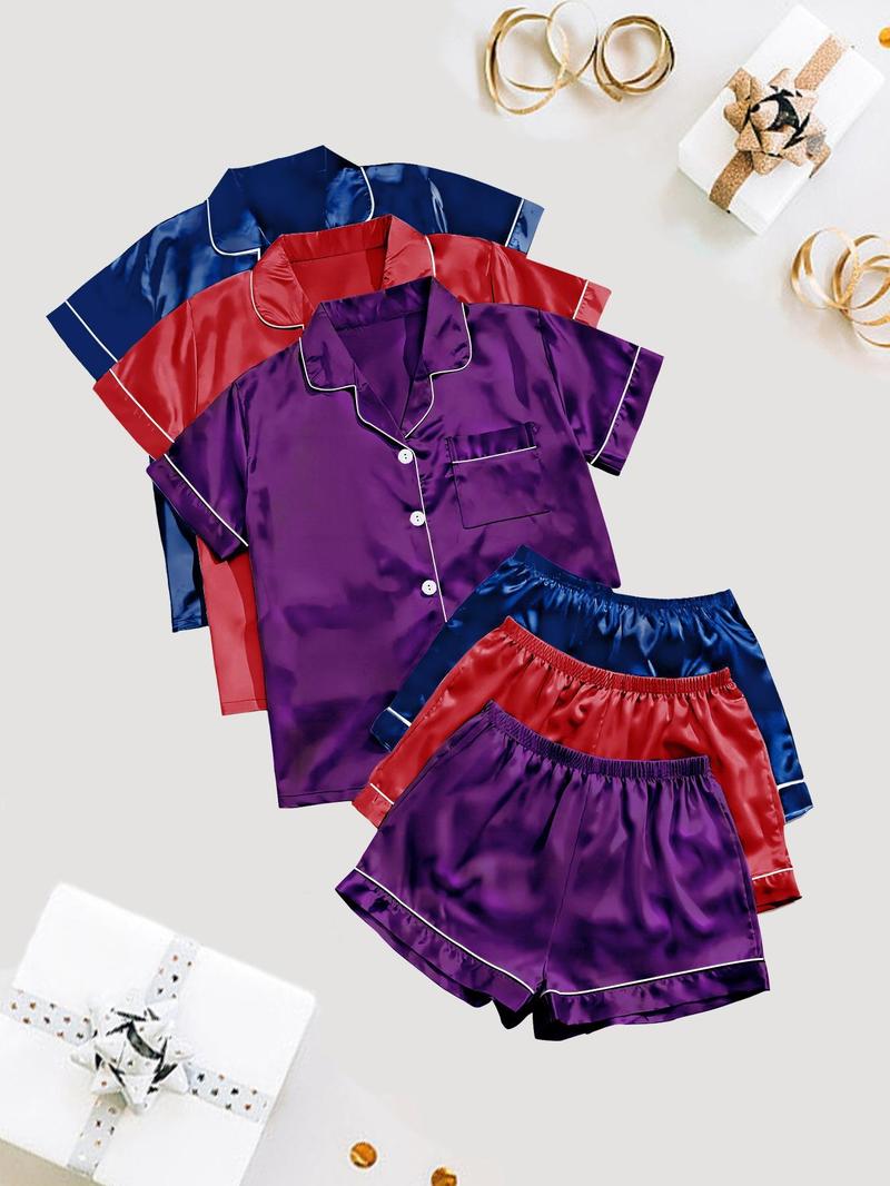 Women's Solid Satin Pyjama Set, Short Sleeve Button Front Lapel Shirt & Contrast Binding Shorts PJ Set, Summer Sleepwear Set, Pajamas, Silky Satin Pajama