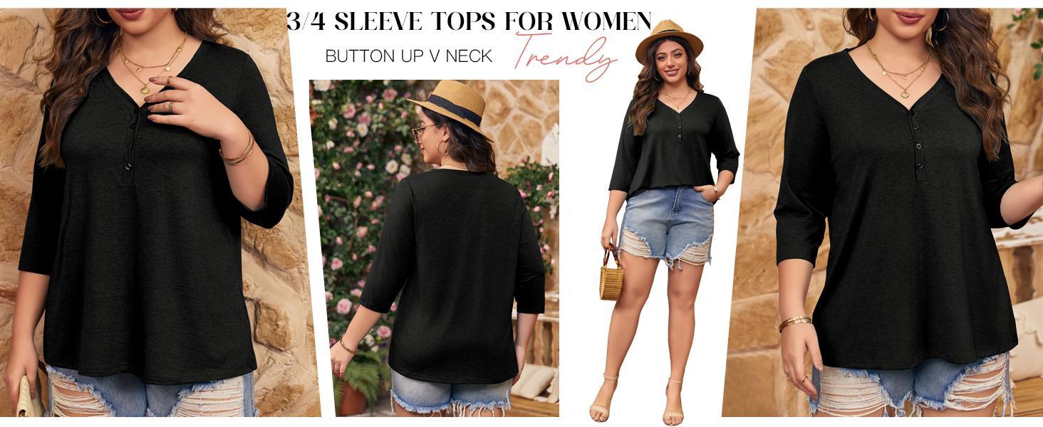 【L-5XL】 Imily Bela Curve Womens Plus Size Tops V Neck 3/4 Sleeve Casual T-Shirts Loose Basic Tunic Tees Summer Vneck Minimalist Streetwear