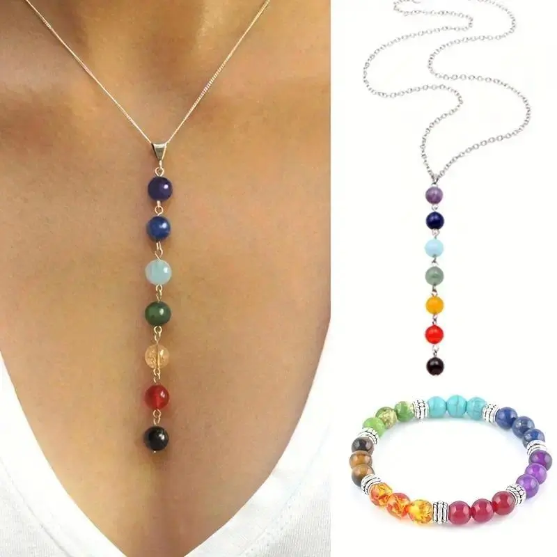 Boho 7 Chakra Jewelry Set for Women, Natural Gemstone Beads Necklace and Bracelet for Energy Balancing and Daily Wear, Healing