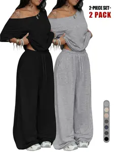 2026 French Minimal Off-The-Shoulder Loungewear, Summer Loose Short Sleeve, Drawstring High Waist Pants, Figure-Flattering Casual