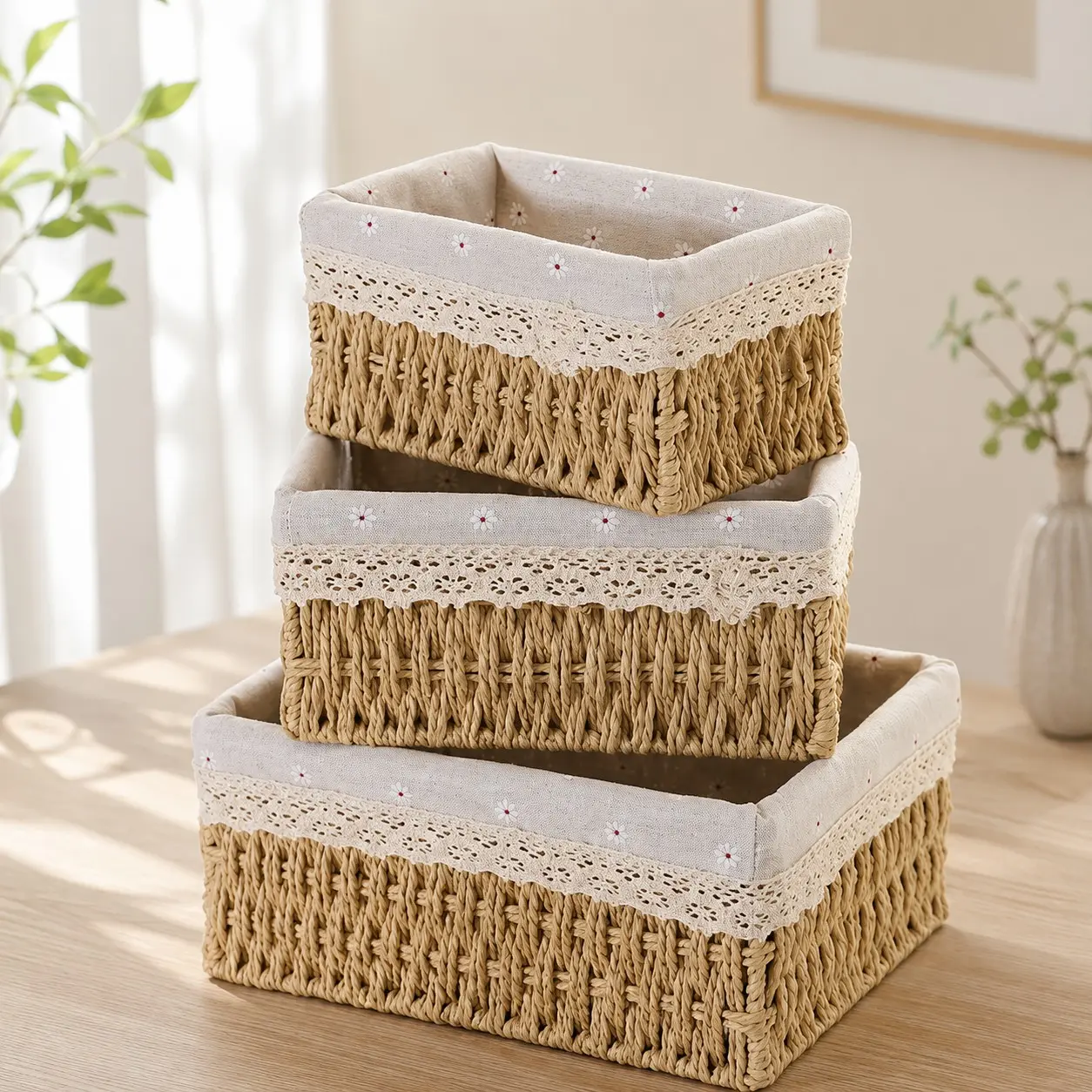 3-Piece Handmade Woven Storage Baskets, Natural Fiber Organizer with Linen Lining, Vintage Lace Trim, Multi-Use Shelf for Home Decor, Baskets for Closet Organization, Home Organization Containers, Baskets for Organizing