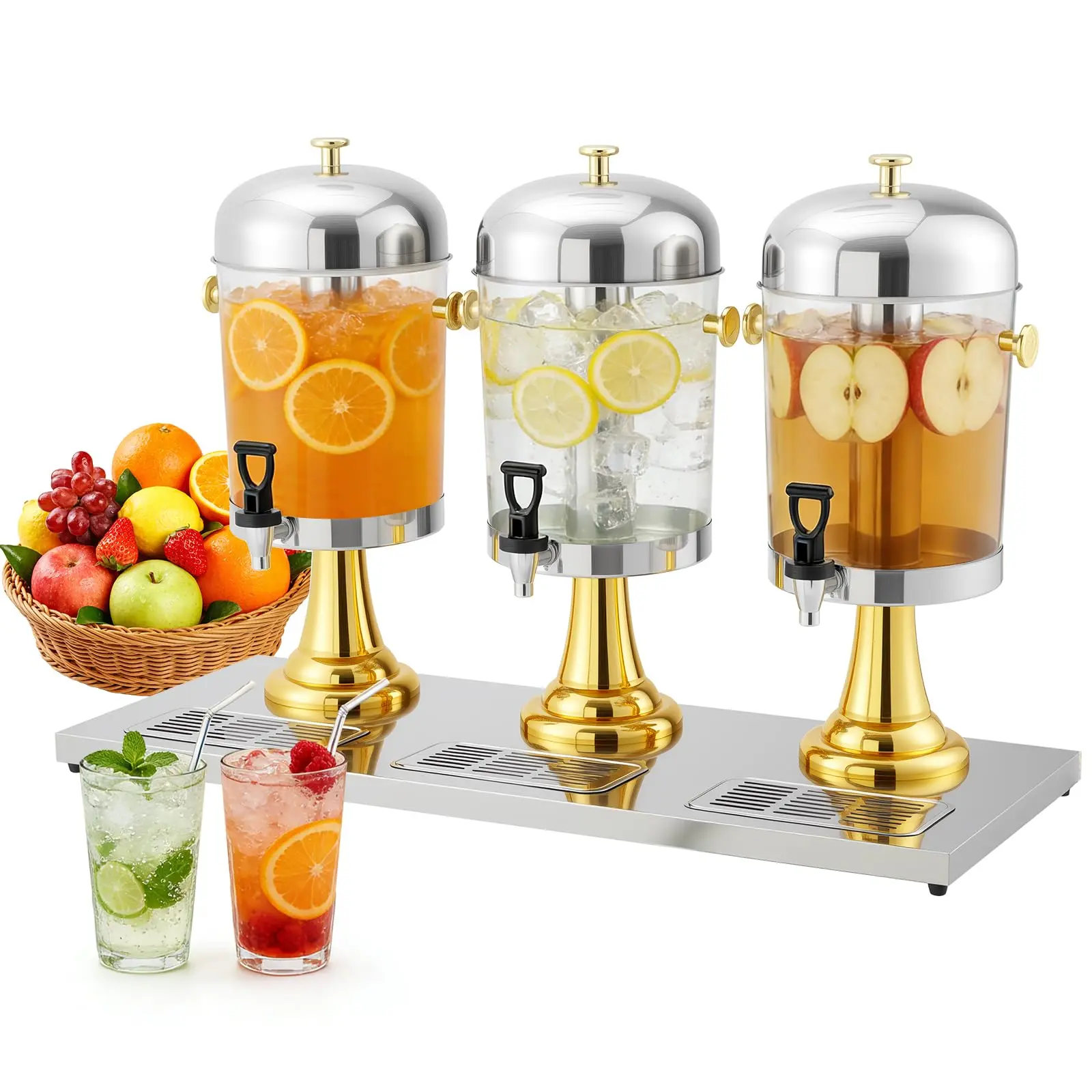 GARVEE 6.6 Gallon Commercial Stainless Steel Beverage Dispenser with Ice Core, Stand, and Spigot for Cold Drinks like Juice, Iced Tea, and Lemonade at Parties and Weddings, Gold Finish