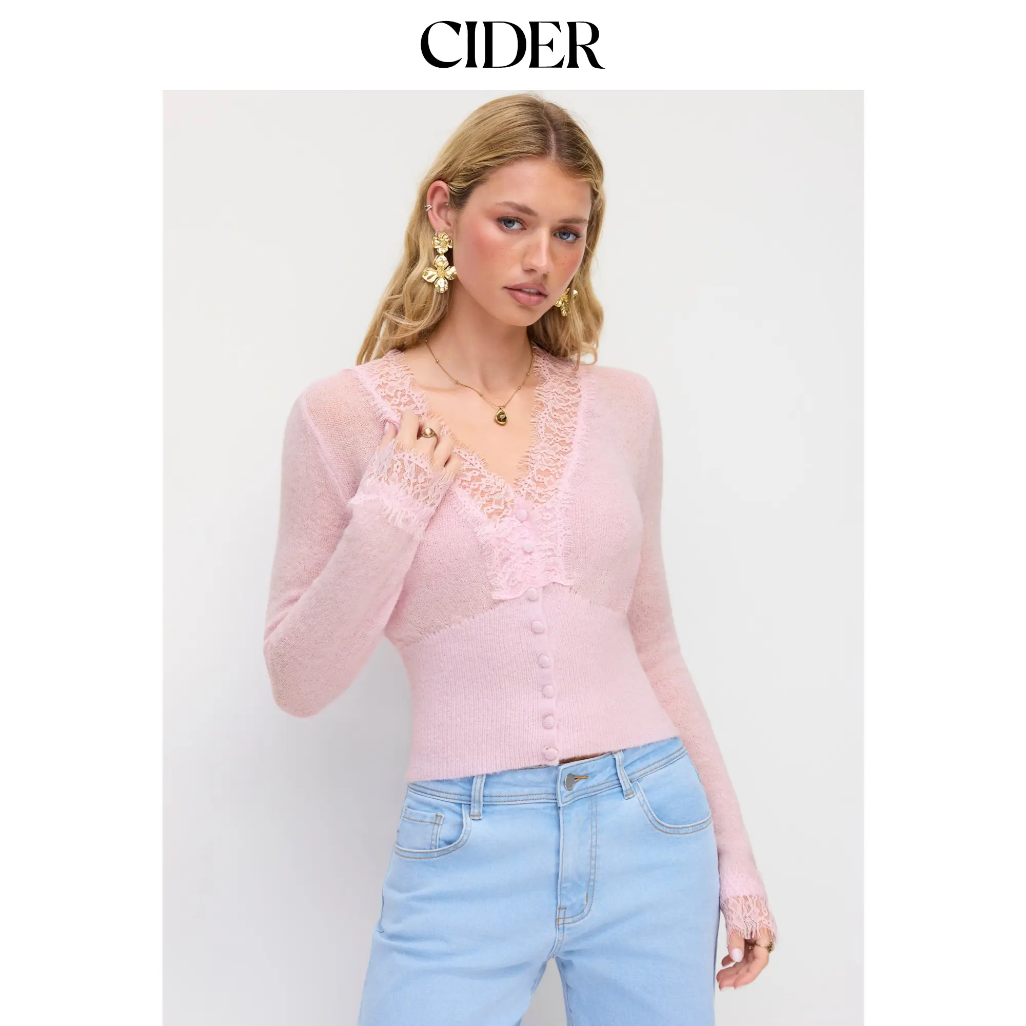 Cider Knit Wool-blend  V-neck Lace trim Cardigan SohoChic