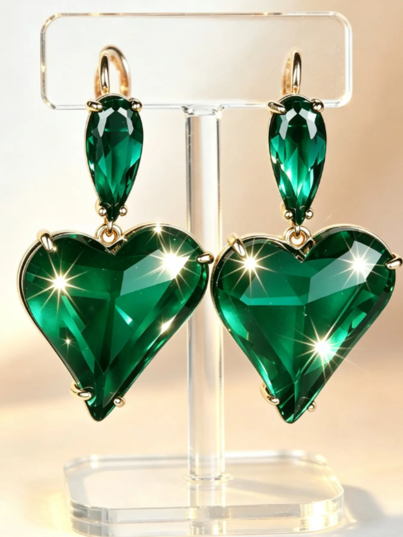 Grand Emerald Heart Zircon Drop Earrings, Elegant Retro Court Style, Perfect for Parties and Special Occasions
