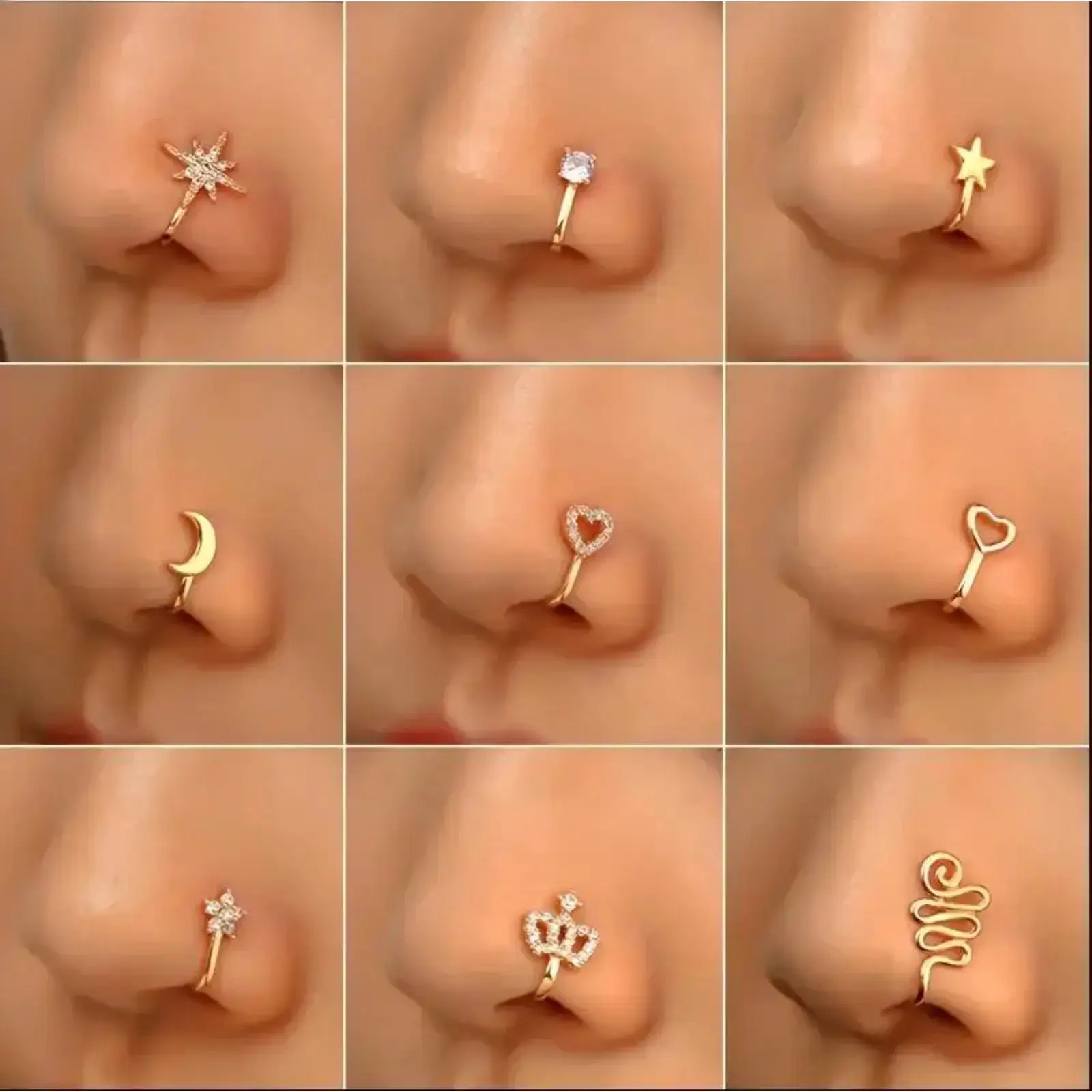 9-Pc Clip-On Fake Piercings Set, Copper U-Shaped Fake Nose Clip with Cubic Zirconia, Star Hearts Crown Design, Trendy Stackable Style for Daily/Parties Outfits