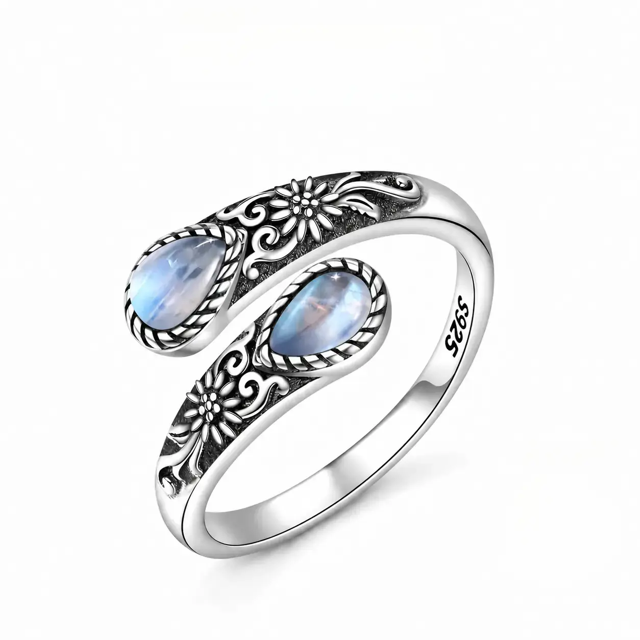 Women's 925 Sterling Silver Vintage Floral Engraved Opal Adjustable Open Thumb Ring - Hypoallergenic Jewelry, Classic Daily Accessory, Valentine’s Gift, Anniversary Present, Elegant Opal Ring, Retro Flair