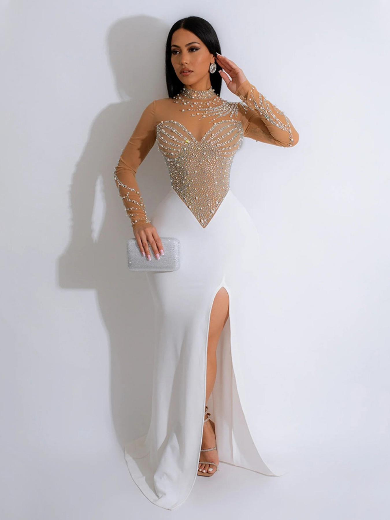 Women's Rhinestone Decor Contrast Mesh Split Thigh Slit Bodycon Dress, Elegant Long Sleeve Stand Collar Evening Party Formal Wear Gown, Ladies Clothes for All Seasons