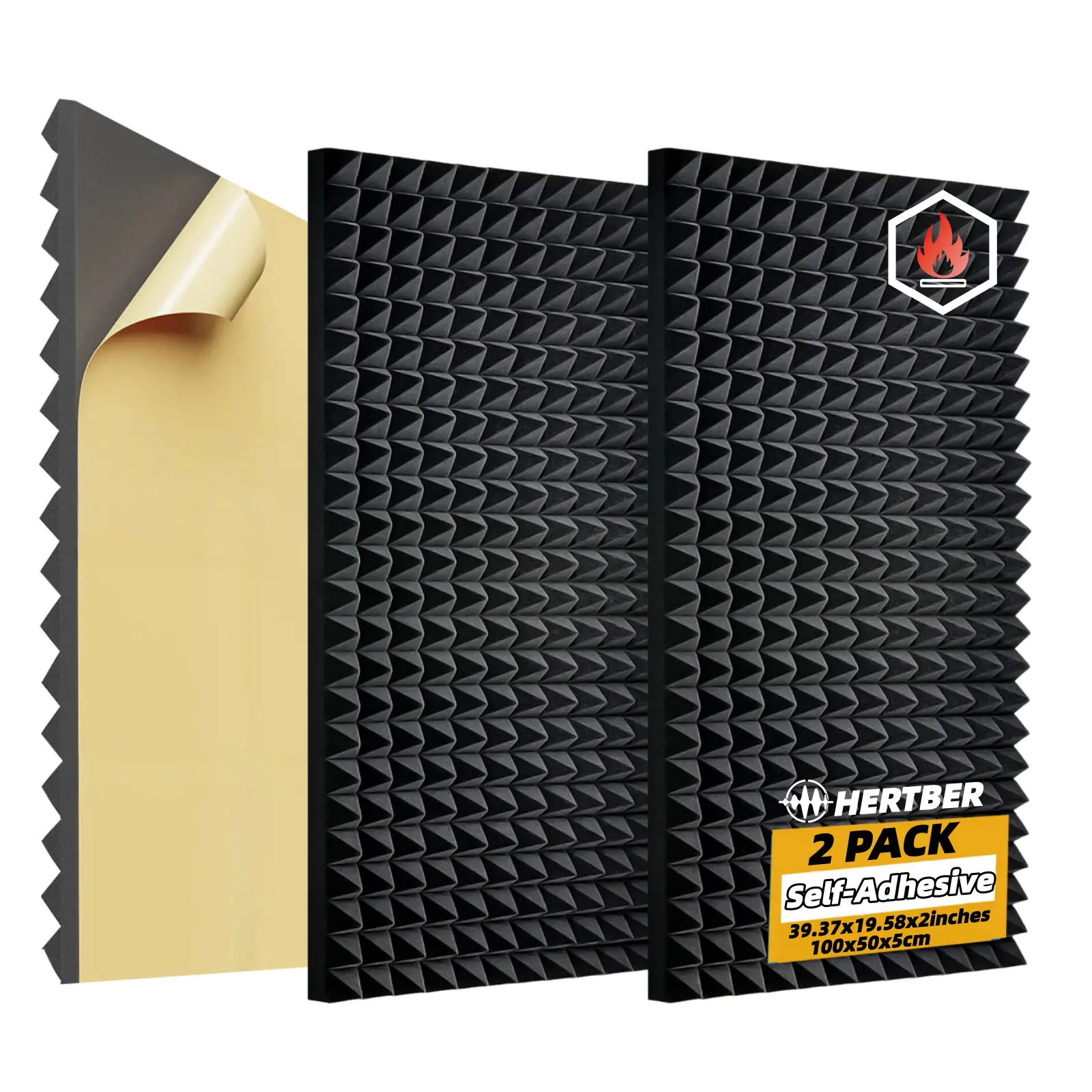 Self adhesive pyramid sound insulation foam panel, 2 pcs, 100 × 50 × 5cm black high-density thickened sound insulation wall panel, music room, recording studio, home noise reduction and sound absorption panel, firmly pasted acoustic foam