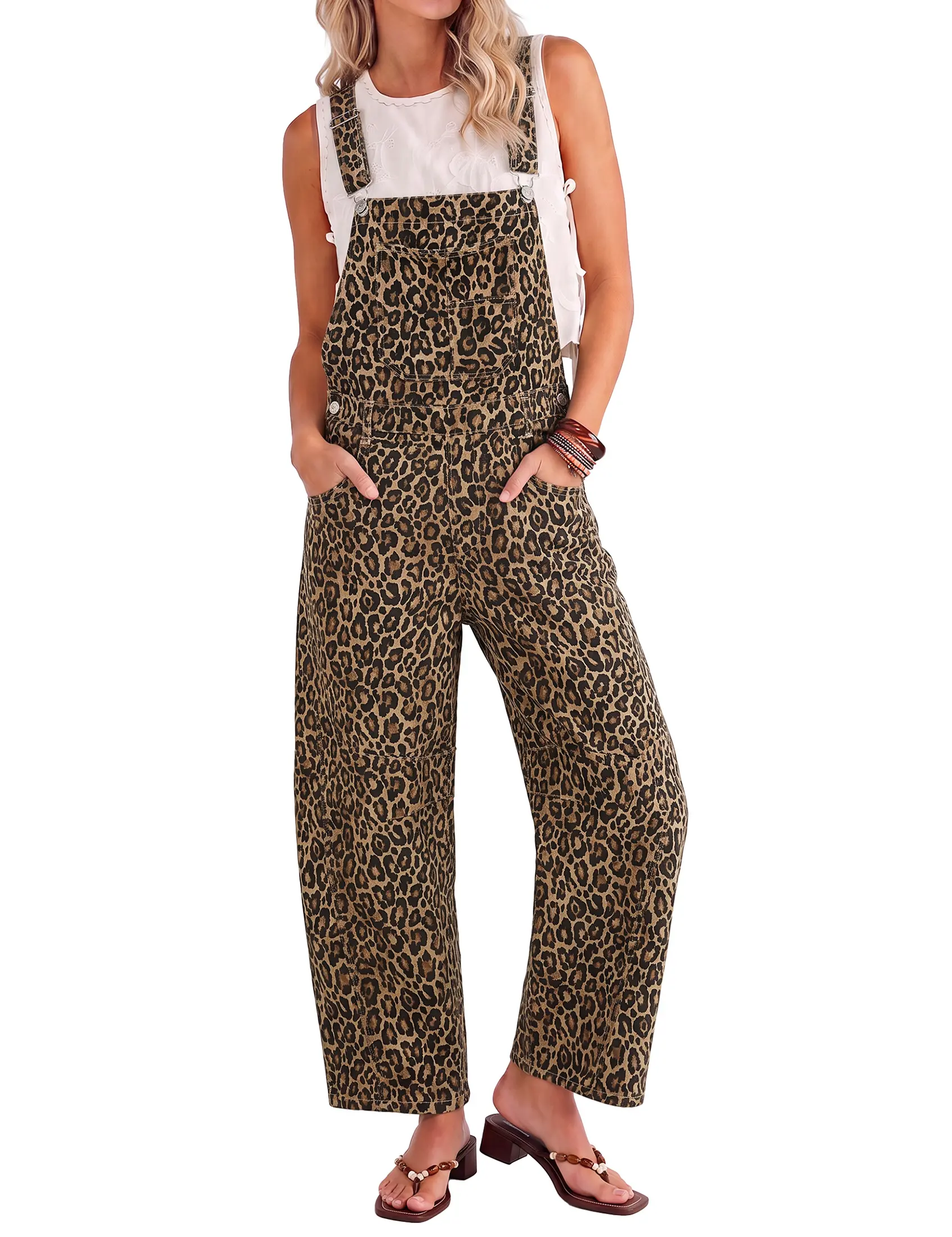 luvamia Leopard Print Jumpsuits for Women Trendy Loose 90s Barrel Overalls | Cheetah Print Jean Jumpsuit, Casual, Stretchy, Loose Baggy Fit, Denim Bib Overalls, 26 Inch Inseam, Western Outfit for Women