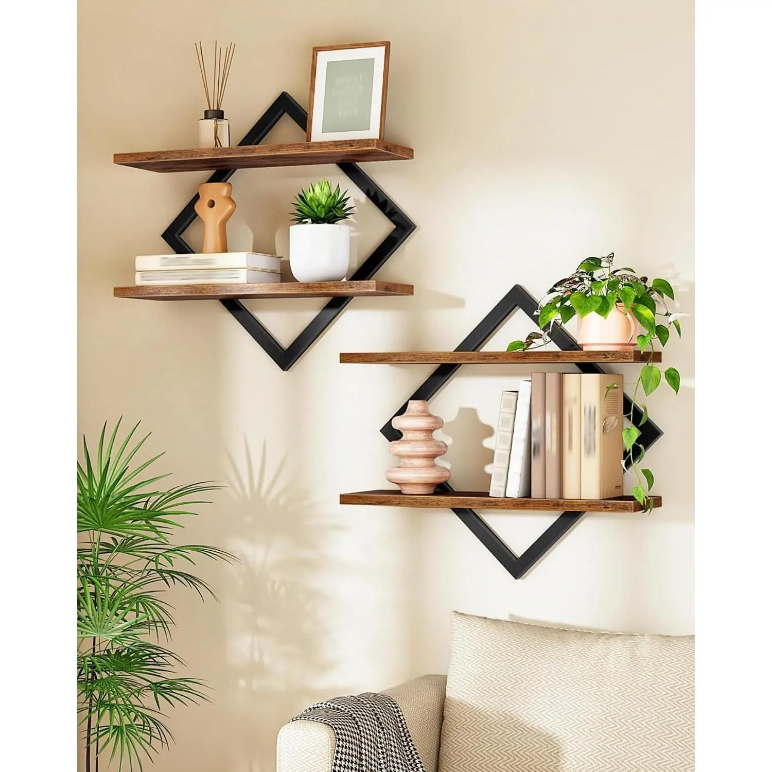 Floating Wall Shelves Set of 2, 2-Tier Rustic Brown Wall Mounted Hanging Shelves for Living Room, Bedroom, Kitchen, Office, Study TBJ01P2BF