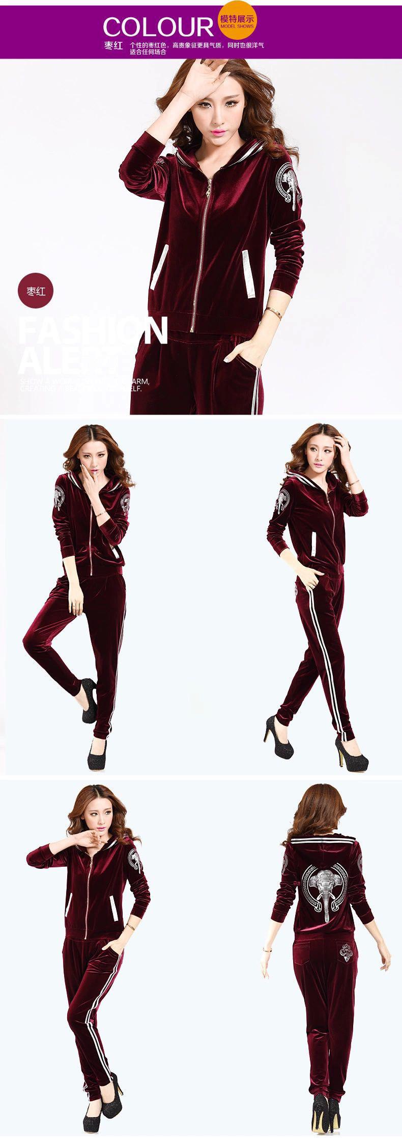 Must-Have 2026 Women's Velvet Tracksuit - Hooded Elephant Embroidered 2 Piece Sportswear Set