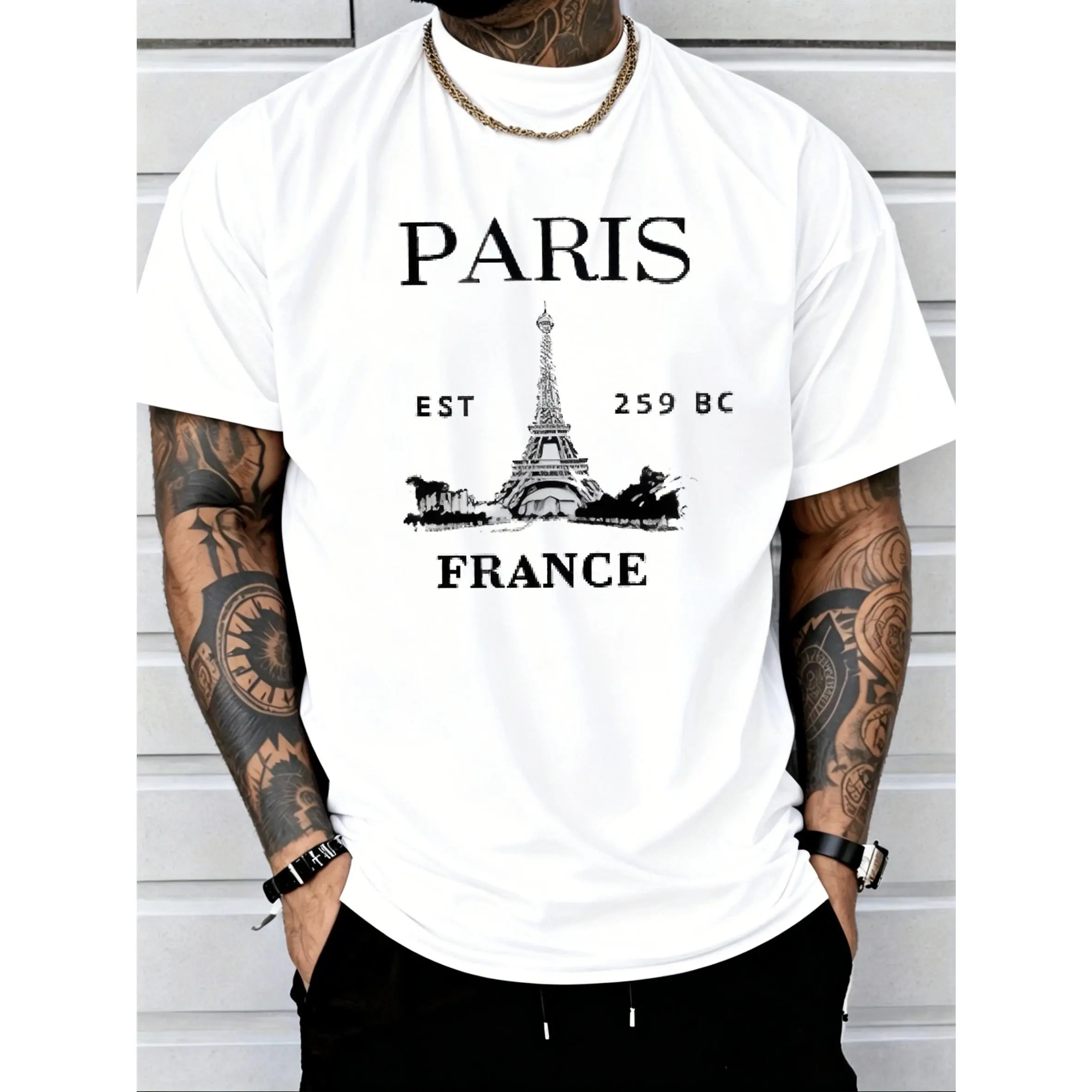 Men's Vintage French Paris Eiffel Tower T-Shirt - Retro French Landmark Short Sleeve Tee with Iconic Tower, Round Neck Casual Summer Shirt Suitable for Travel & Casual Attire, Machine Washable French-Themed Apparel