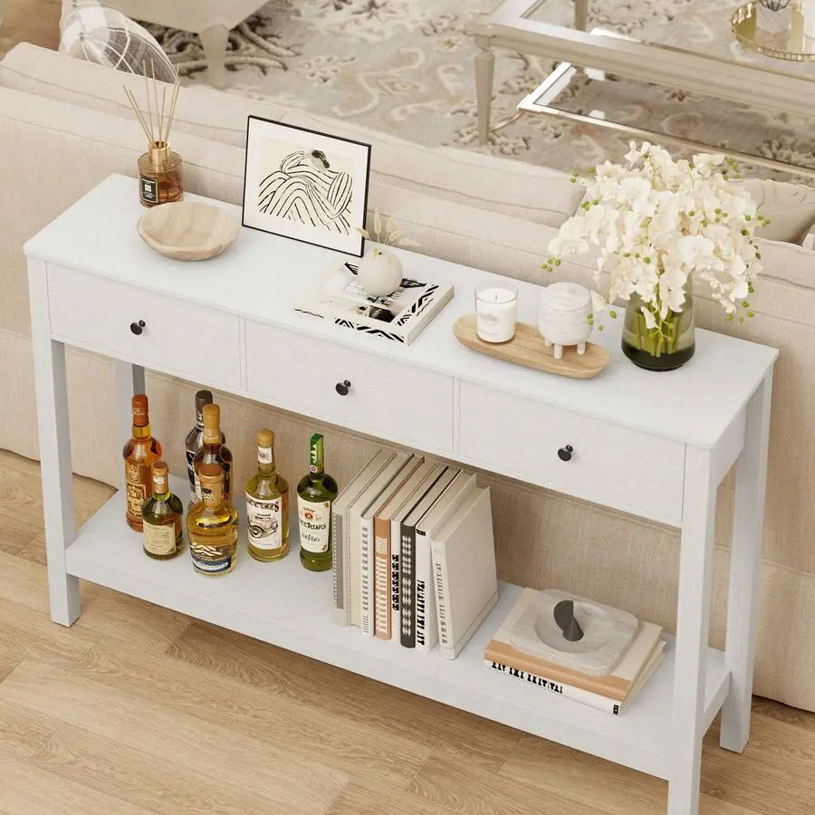 Sofa Table With Drawers, Modern Accent Console Table With Open Shelf, Large Storage Space, Living Room, Front Hall, Entrance Hall, Study Room, White