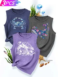 3Pcs Plus Size Women Crew Neck Tank, Watercolor Crab Turtle Whale Print, Loose Washable Women Summer Top