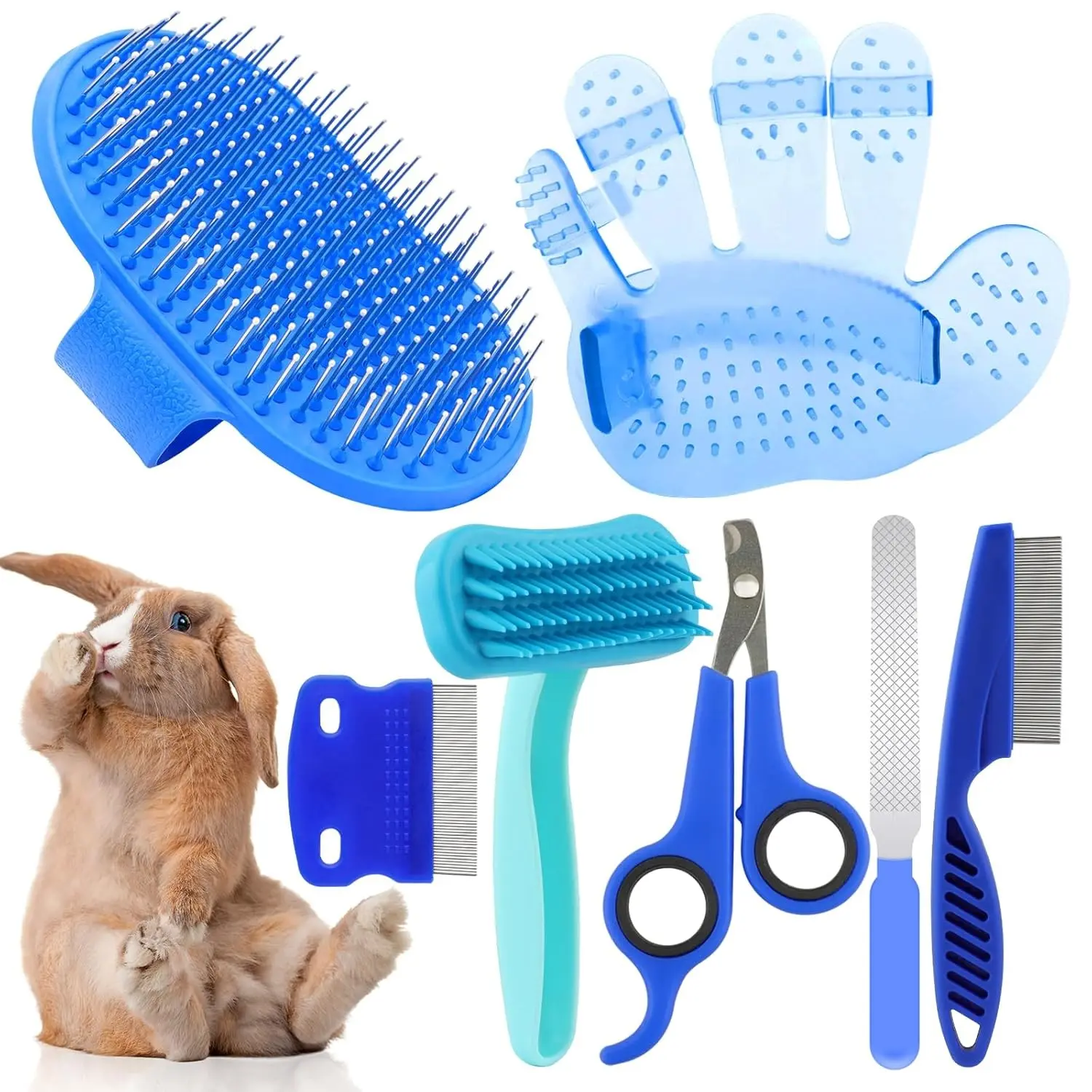 Rabbit Grooming Kit, Rabbit Brush for Shedding with Bunny Nail Clipper, Rabbit Nail Trimmers with Pet Combs for Hamster Guinea Pig Ferret