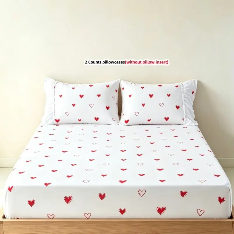 3pcs Heart Fitted Sheet Set, Includes 1 Fitted sheet and 2 Pillowcases,without pillow insert, Elastic Band for Easy Fixing, Mattress Protector