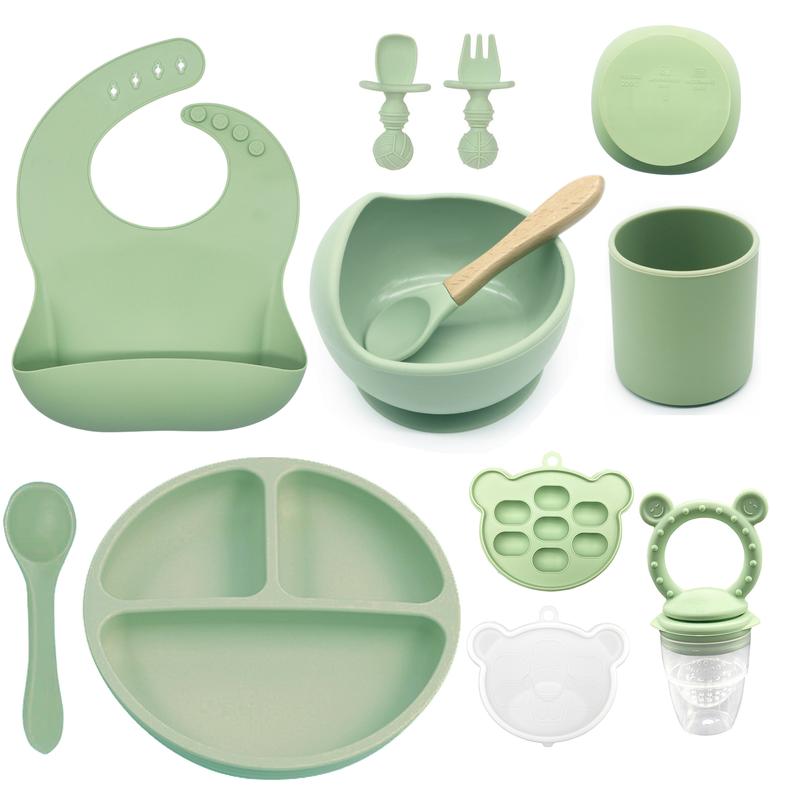 Baby Feeding Set Silicone Smiley Face Plate, Snail Bowl, Bear Food Box, Bib, Cup, Forks, BPA Free Trays, Baby Food Tools for Infants, Cutlery Utensil Sets