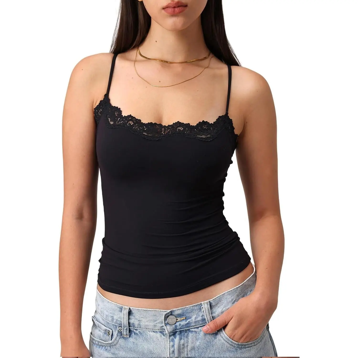 Women's Thick Nylon Padded Lace Sleeveless Cami Top - Double Lined, Casual, Sexy Crop Tank, Spaghetti Strap, Fits Club Party Wear, Seamless