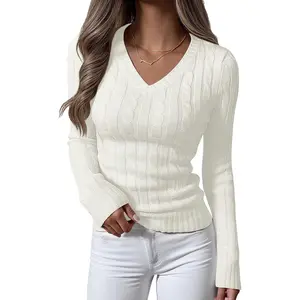 Womens Long Sleeve Cable Knit Sweater 2025 Fall Fashion V Neck Fitted Pullover Top Business Casual Work Fall Outfits