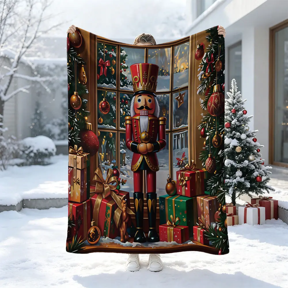 1 piece of Soft Cozy Flannel Throw Blanket, Nutcracker Christmas Window Display Pattern, Machine Washable All‑Season Blanket for Sofa Couch, Office, Camping, Perfect Christmas Holiday Gift