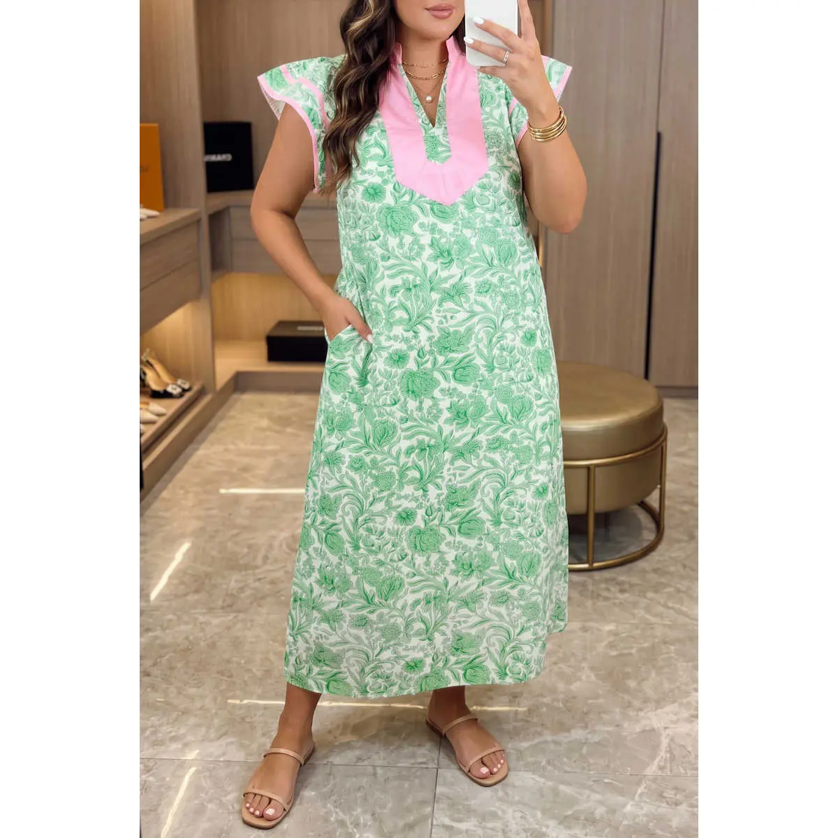Women's Green Plus Size Contrast Trim Flutter Sleeve Floral Kaftan Maxi Dress, Casual Wear with Polyester Fabric, Ruffle-Accented Short-Sleeve Option, V Neck, Curvy Dresses Plus Size, Plus Size Casual Dresses