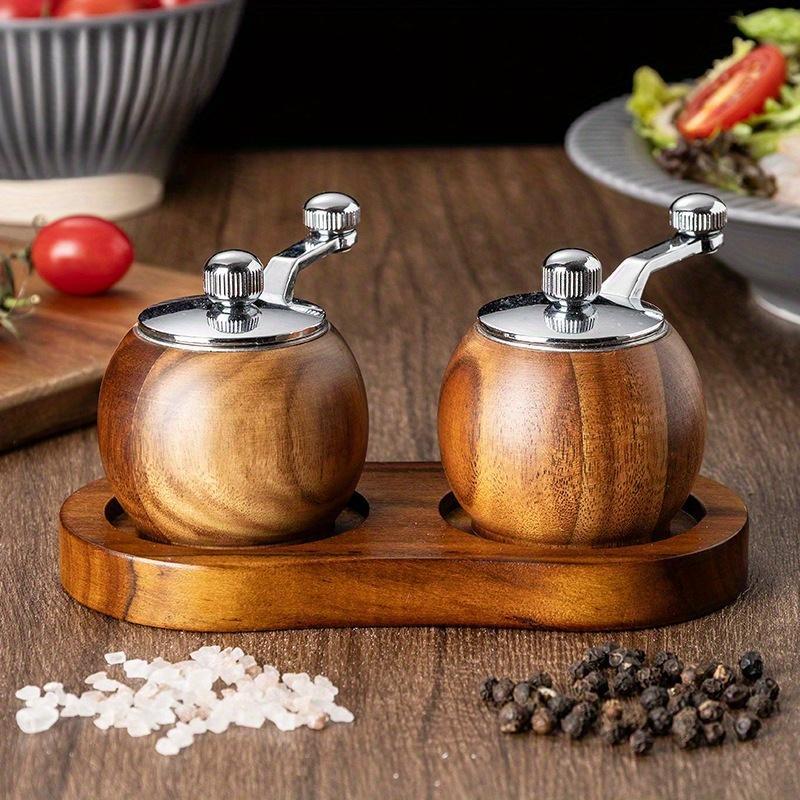 2pcs Advanced Wooden Manual Pepper Grinder - Hand-cranked Sea Salt and Black Pepper Seasoning Machine, with Wooden Stand, Adjustable Thickness, Suitable for Steak Seasoning, Kitchen Gadgets for Restaurants and Food Carts