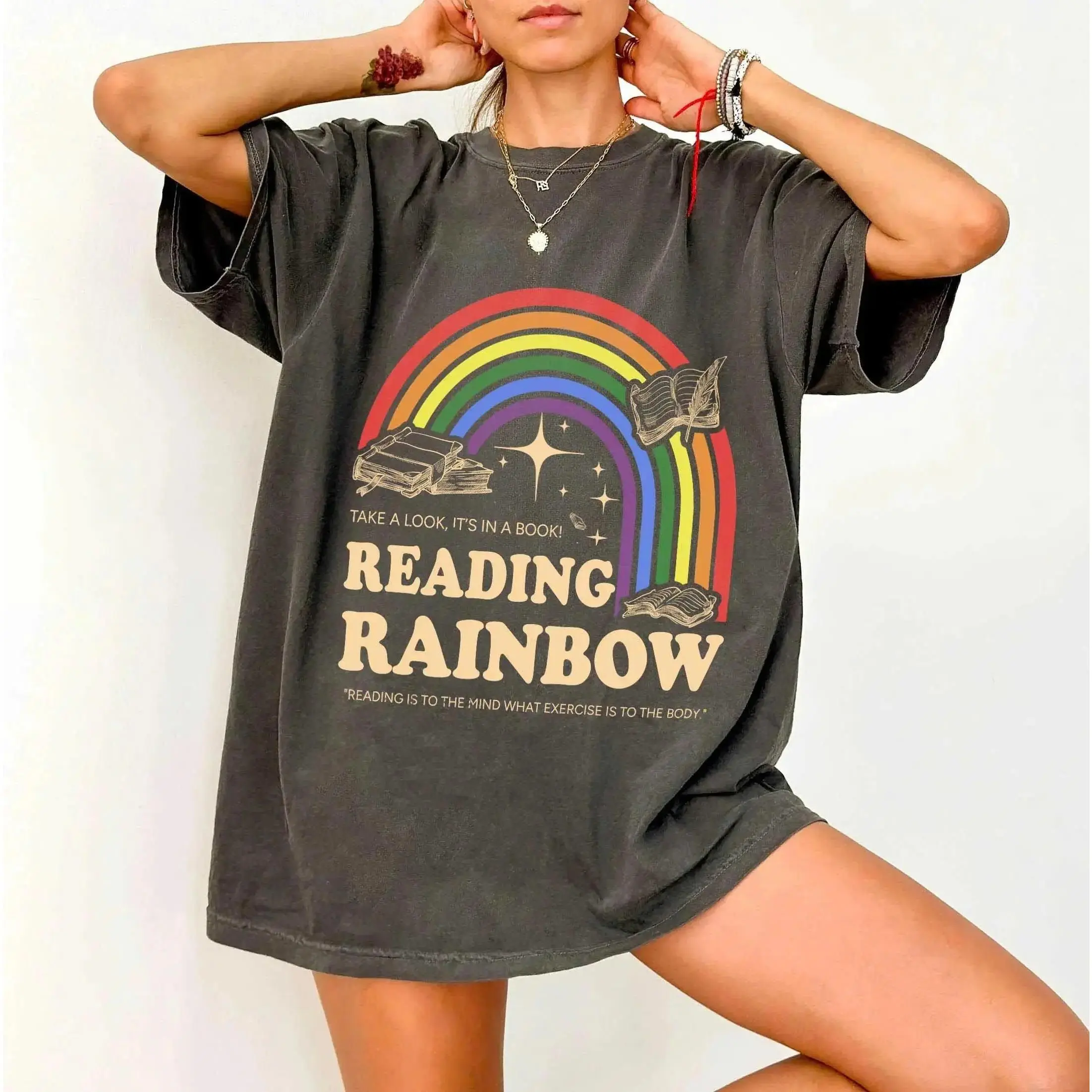Comfort Colors Reading Rainbow Shirt, Retro Librarian Shirt, Teacher Appreciation, Retro Rainbow School Shirt, Book Lover Gift, Bookworm, 100% Cotton Unisex Design for Women & Men vintage graphic tees