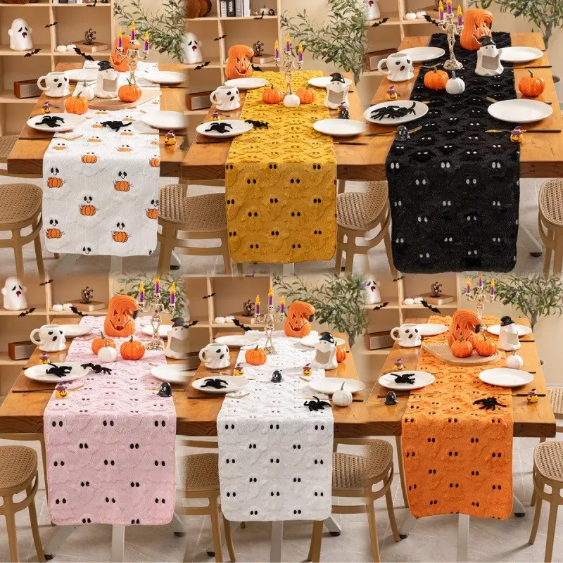 1pc 4Sizes Halloween Festive Table Runner Dresser Scarf Spooky Cute Gothic Cozy Farmhouse Aesthetic Tufted Knit Textured Chenille Ghost Pumpkin Pattern Dining Room Table Decor Kitchen Party Gift