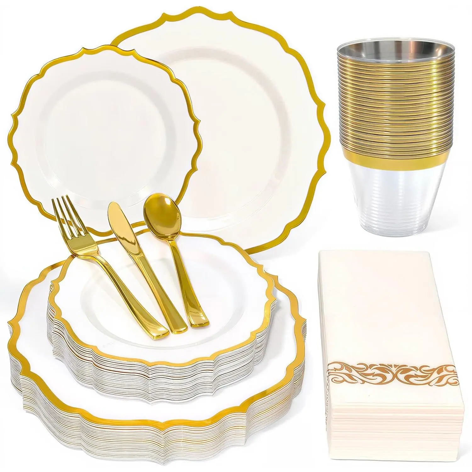 175 count Disposable Plastic Plates Dinnerware Set for 25 Guests | 50 Plastic Plates,25 Silverware Set,25 Cups and Napkins,Wedding Birthday,Family Party,Fancy Plastic Plates