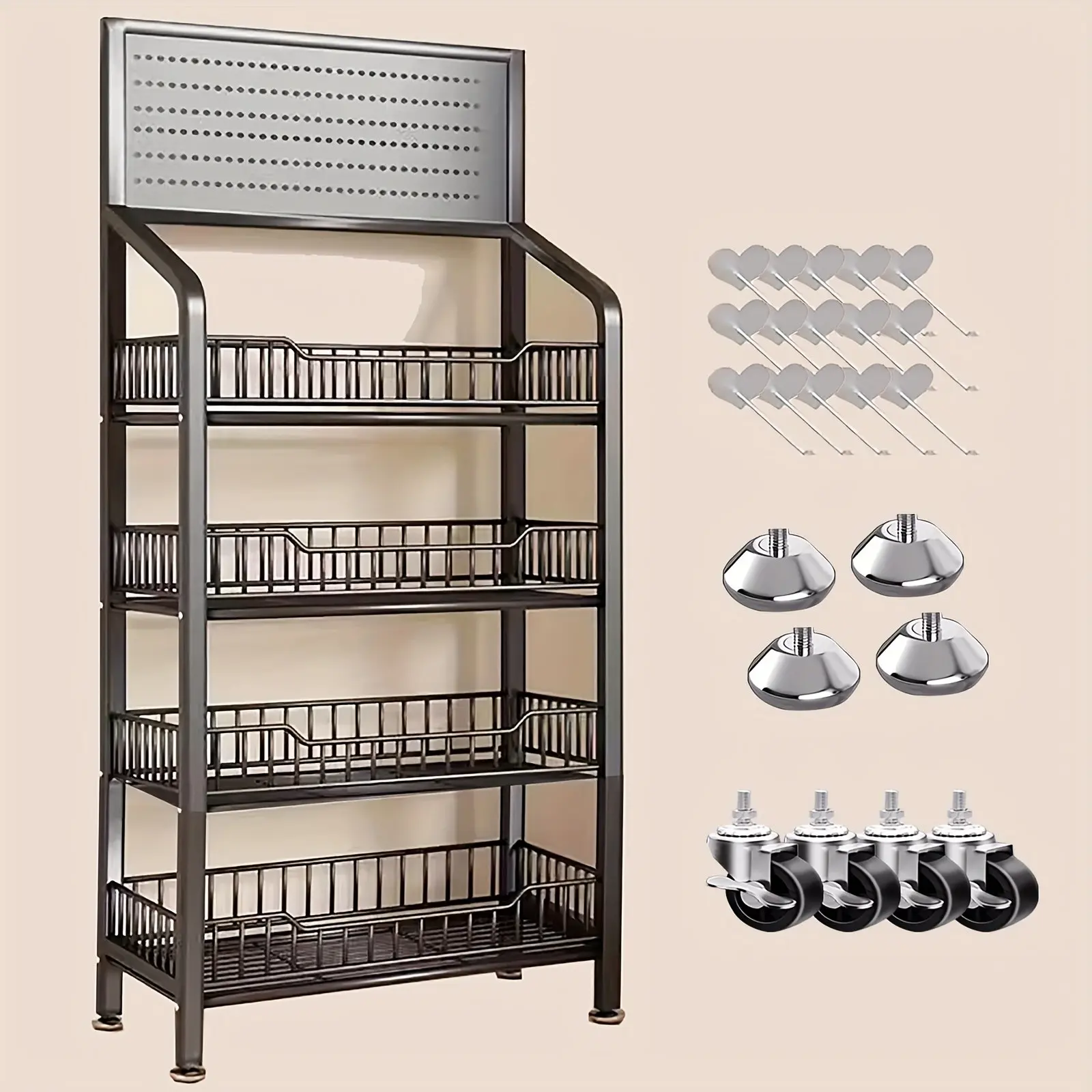 Commercial Supermarket Shelf Display Rack, Free Standing Snack Shelf with Hook & Wheels, Pantry/Garage/Retail Store Rolling Food Rack, Suitable for Stores, Kitchen, Office (4 Layers Storage and Organization