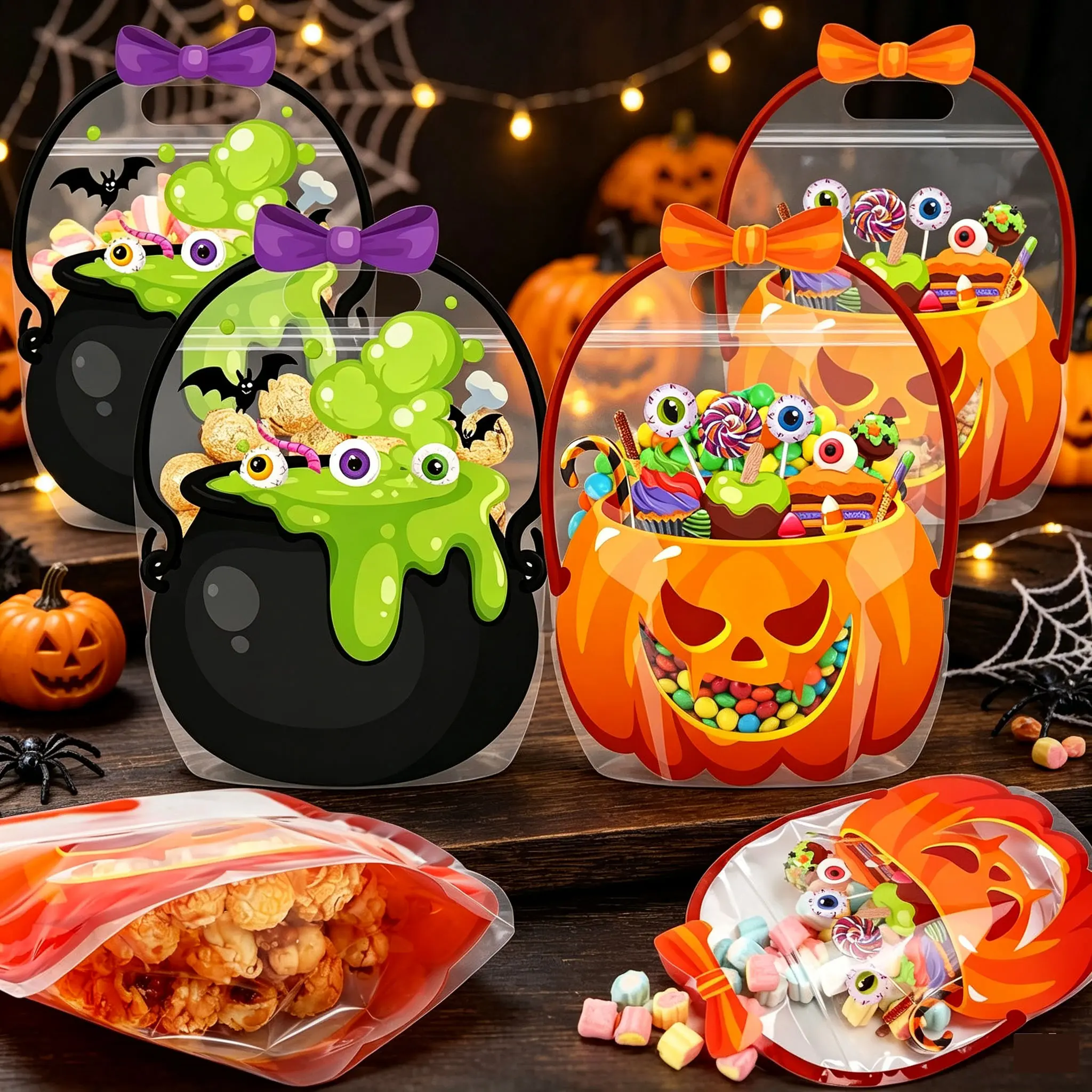 50 Pcs Halloween Plastic Goodie Bags with Handles, Witch Cauldron Style Trick‑or‑Treat Candy Bags, Reusable Plastic Gift Sacks for Kids Halloween Party Favors, Holiday Treat Giveaways & Halloween Decorations