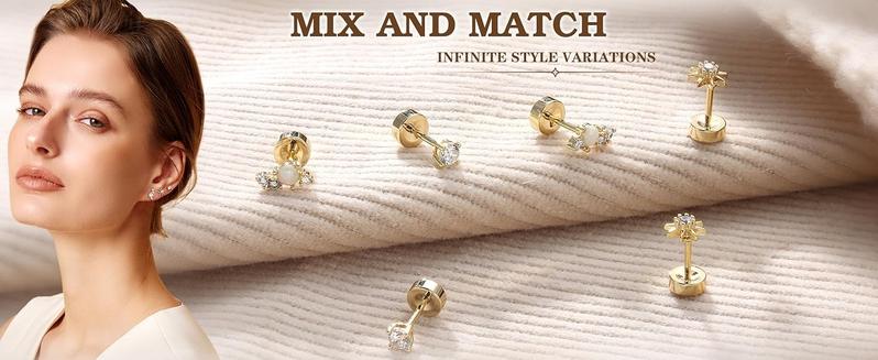 THUNARAZ 6 Pcs Tiny Golden Screw/Flat Back Earring Set for Women Men Dainty Hypoallergenic Ear Studs 14K Gold Small Cartilage Helix Conch Tragus Multiple Piercing Jewelry Surgical Stainless Steel Stud CZ Opal 20G for Daily Outings Christmas Gift