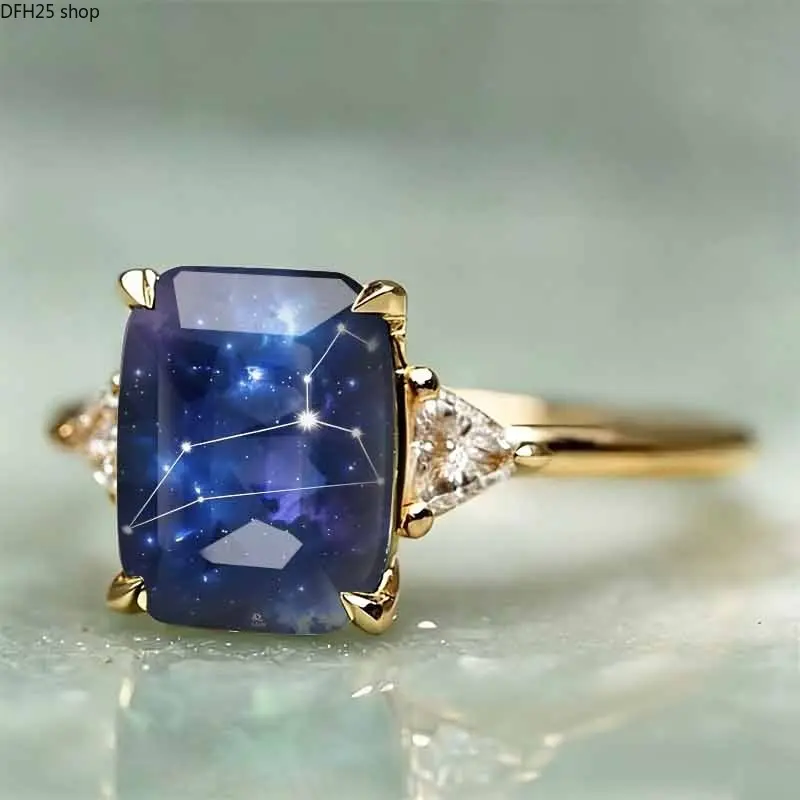 Vintage Starry Sky Open Ring For Women Gold Tone Alloy Band With Zodiac Inspired Galaxy Pattern Square Stone Design Adjustable Jewelry For Daily Wear
