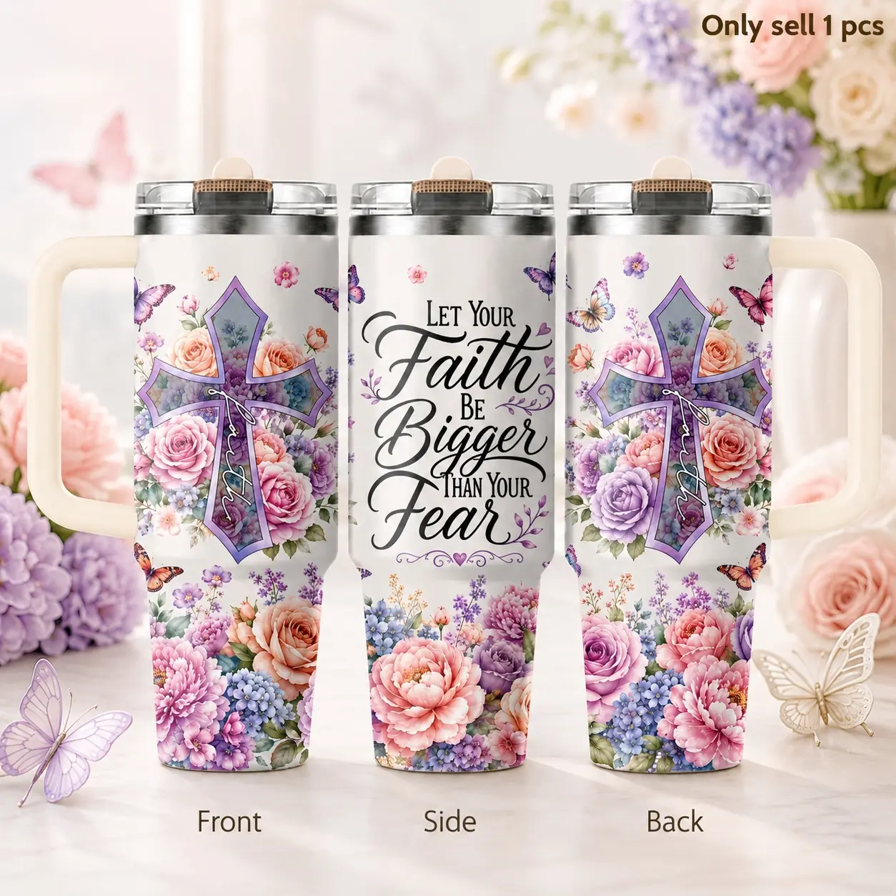 Christian Cross Quote 40oz Tumbler – Faith Based Inspirational Stainless Steel Insulated Cup with Handle & Straw Lid for Coffee, Water, Church, Office, Gym, Car, Religious Gift for Believers