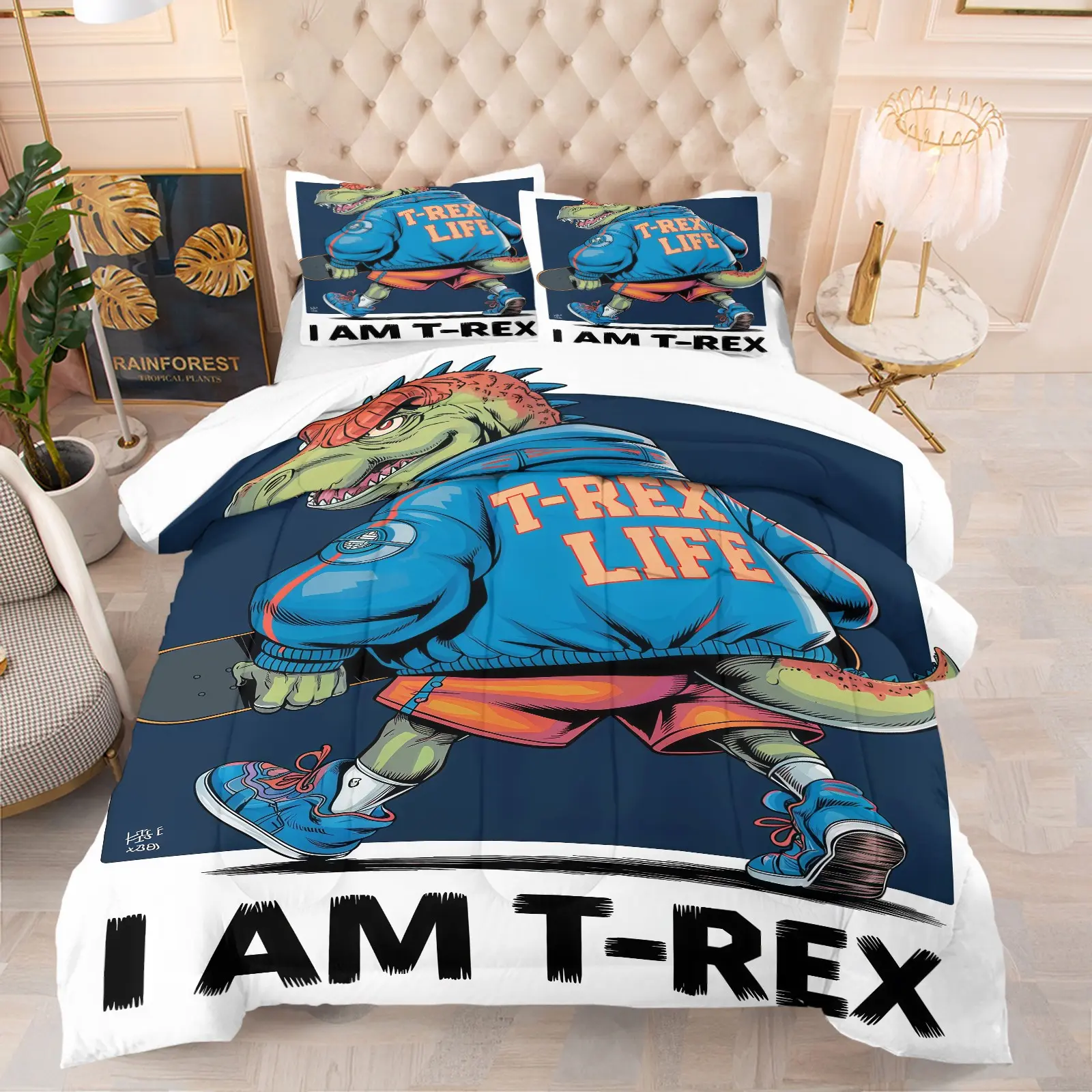 Dinosaur illustration print pattern set, including 1 blanket and 1 or 2 pillowcases without pillowcases, soft children's or adult bedroom decoration gift