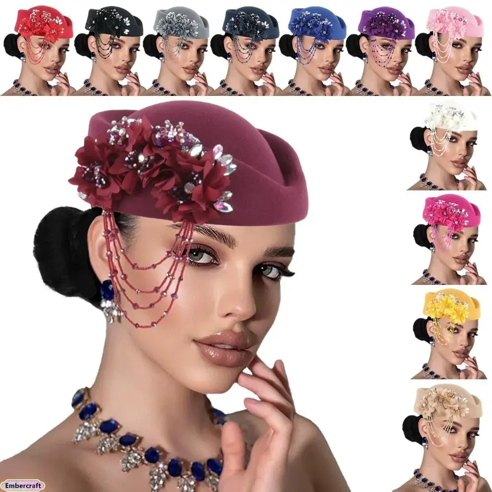 Women's Vintage Round Wool Felt Pillbox Fascinator Hat - 3D Flowers, Beads, Rhinestone-Embellished Veil, Slip-On Wear, Universal Fit, Elegant British Style Headwear for Wedding Guest, Formal Events, Kentucky Derby, Crystal Rhinestones, Ceremony, 58Cm/22.8