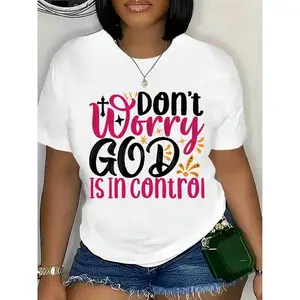 2026 New ModelEncouraging Faith - Themed Typography Print T - Shirt."Don't Worry GOD Is In Control" In A Playful Mix Of Black, Pink, And Orange Color