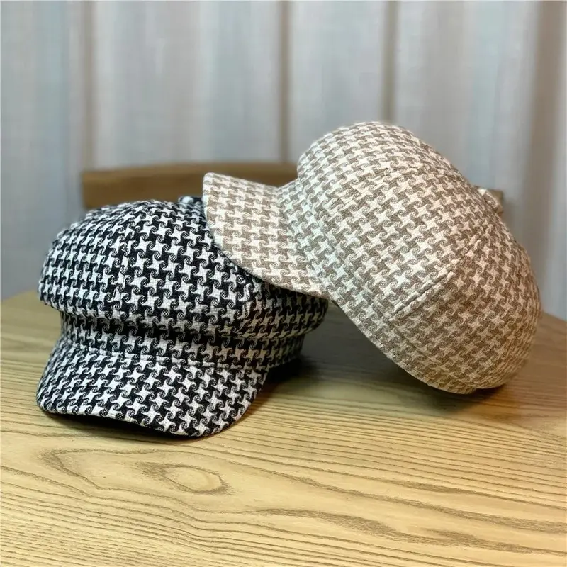 Women's Houndstooth Casual Baker Boy Hat - Vintage Octagonal Newsboy Cap, Classic Painter-Style Fashion Accessory, Soft Comfortable Fabric for Spring Fall Daily Outdoor Use