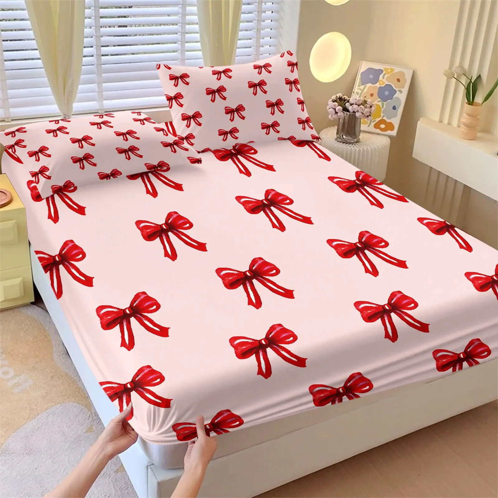 Vintage Oil Painting Texture Red Bow Girly Fitted Sheet Set, Include 1 Bedspread and 2 Pillowcases, Soft Pink Background Scattered Bow Layout Design Full Elastic Non-slip Bedcap, Romantic Breathable Valentine Christmas Bedroom All Seasons Use Bedskirt