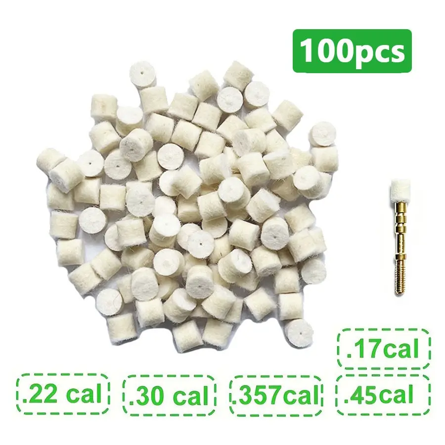 100pcs Wool Felt Polishing Pads with Copper Tip, Cleaning Tool for 5.56mm/.22cal/.223cal, 7.62mm/.30cal, 9mm/.357cal, .17cal, .45cal