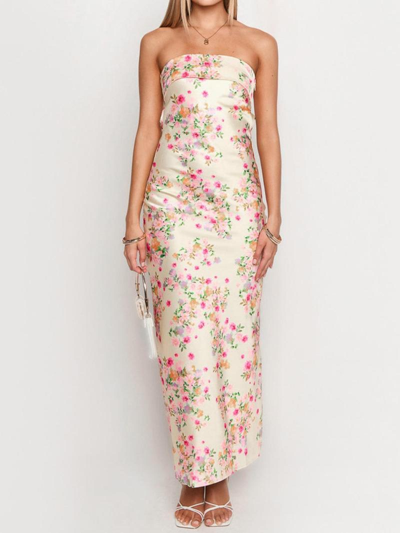 Women's Floral Print Tube Dress, Elegant Strapless Formal Sleeveless Long Dress for Party Holiday Wedding Guest, Ladies Summer Clothes
