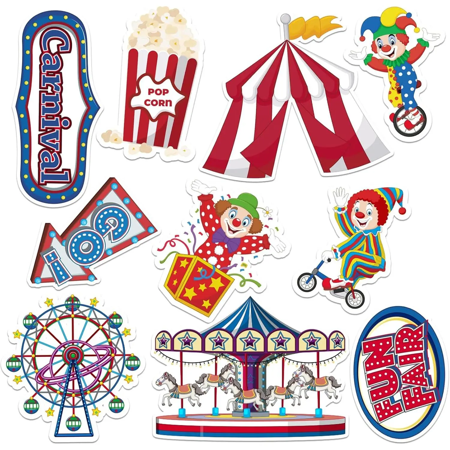 40 count Carnival Circus Cutouts for Carnival Decorations, Clown Carousel Popcorn Circus Theme Cut-Outs for Circus Party Decorations Wall Carnival Decor Birthday Party Supplies Carnival Cutouts