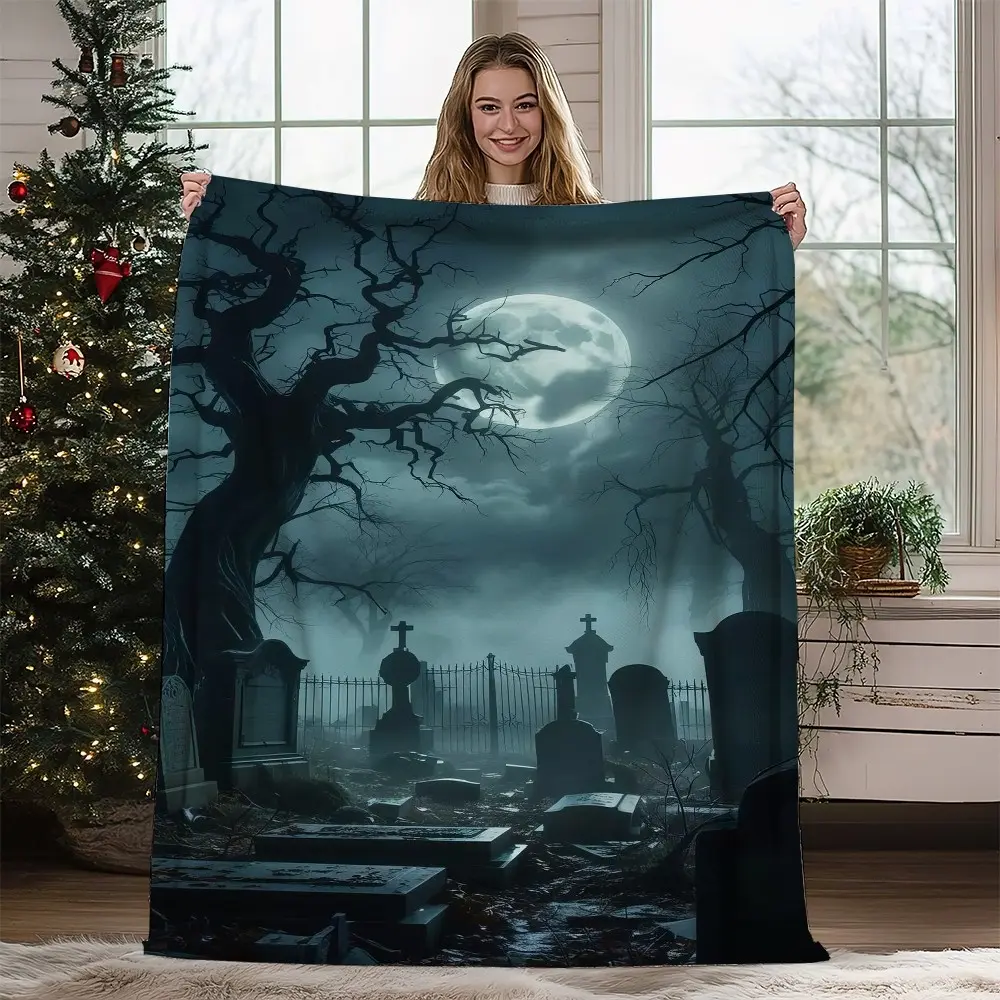 1PC  Moonlit Gothic Cemetery Scene Plush Blanket Soft Lightweight Decorative Bedding for Cozy Nights Indoor and Outdoor Use Flannel blanket, throw blanket, extra-large blanket, cartoon printed blanket