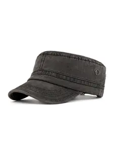 Flat Top Military Hat for Men Women, Distressed Vintage Cadet Cap, Textured Casual Outdoor Cap, Unisex Retro Army Cap, Charcoal